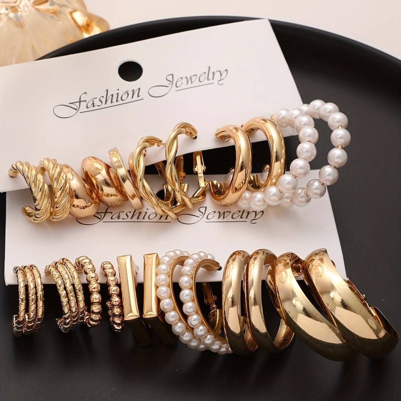 12 Pairs of Golden Geometric C-Shaped Ball Imitation Pearl Hoop Earrings Set