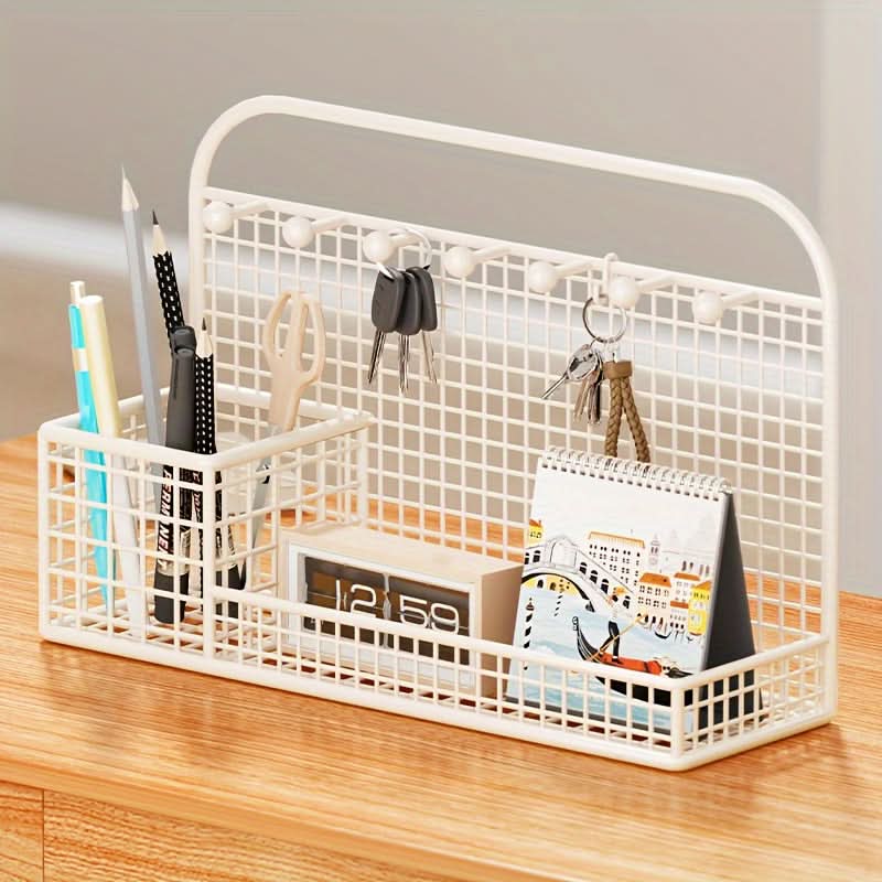 Metal Desk Organizer with Hooks, Compact Multi-Function Storage