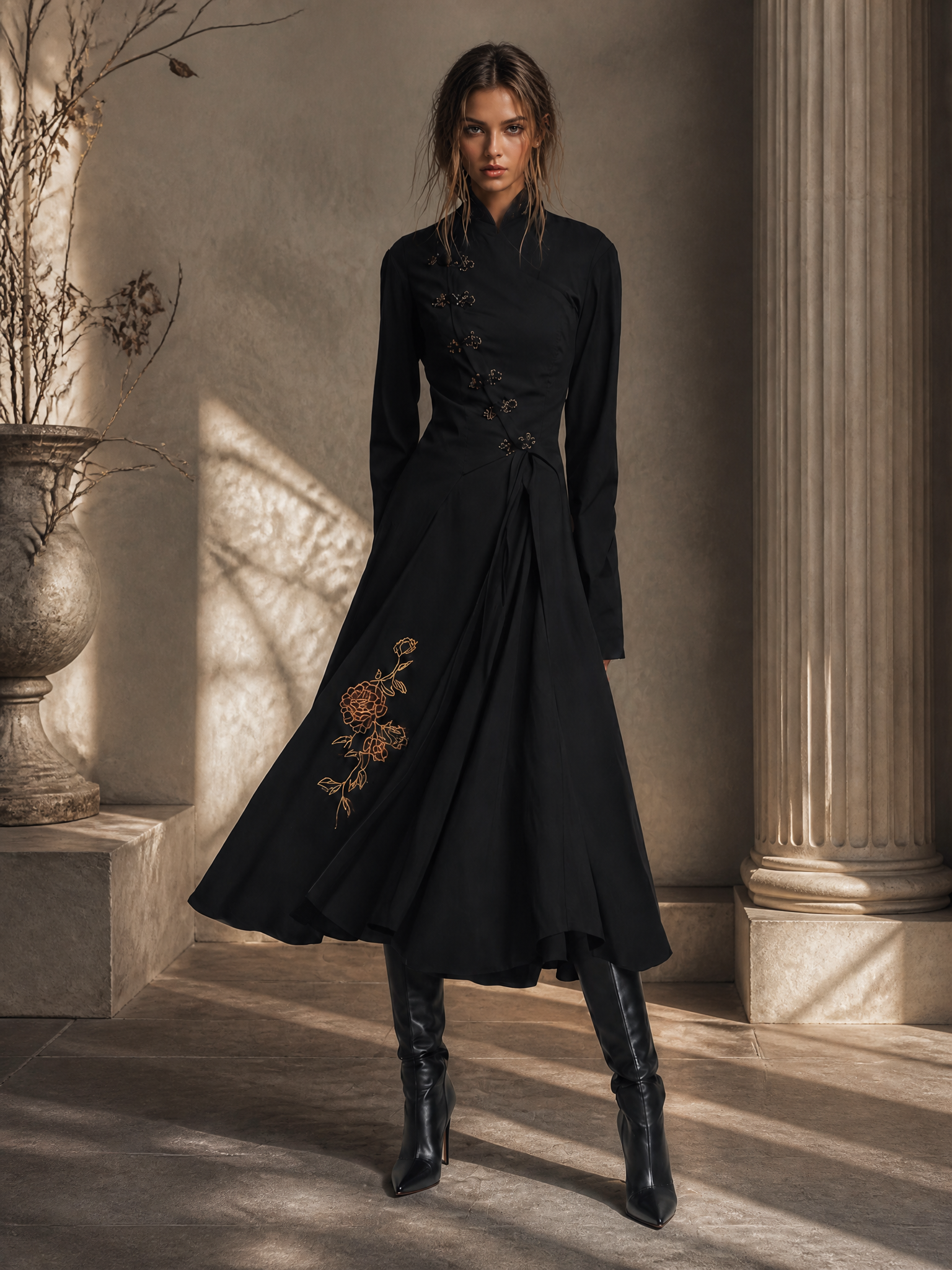 Black Mandarin Collar Embroidered Midi Dress