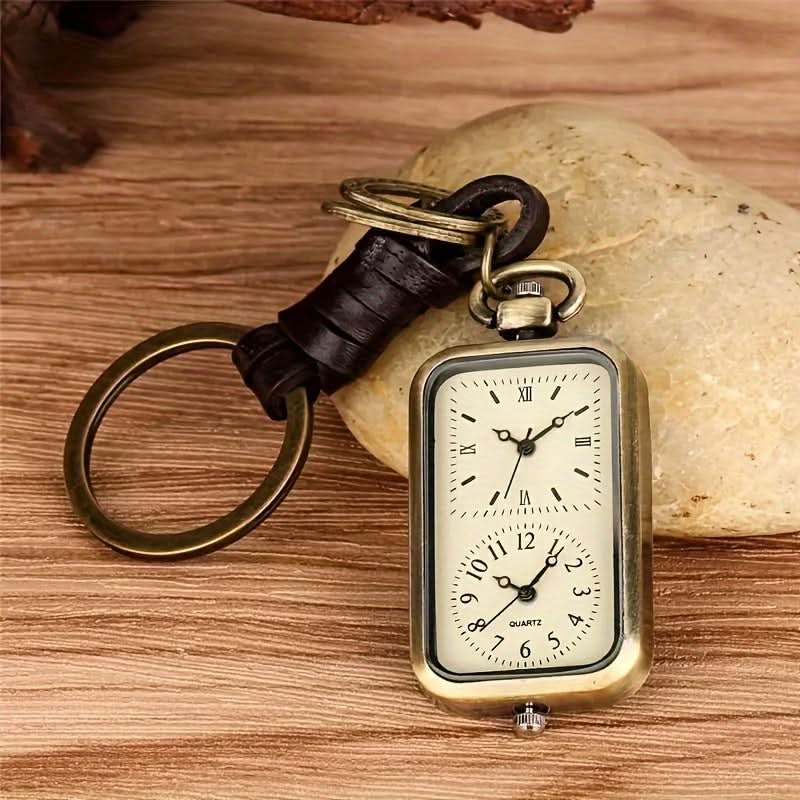 Vintage Dual Time Zone Quartz Pocket Watch Keychain – Rectangle Dial