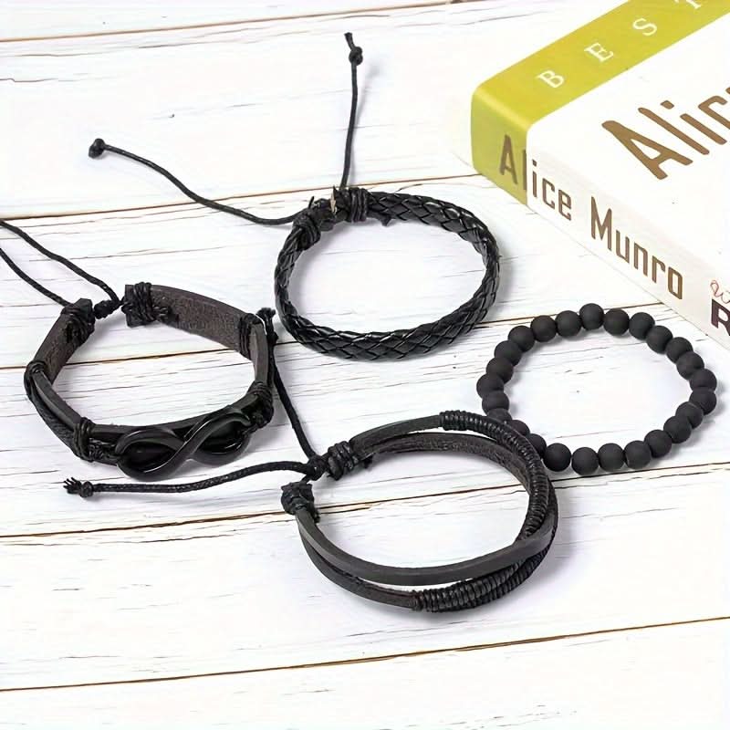 Men's Leather Bracelet Set – 4-Piece Multi-Layer