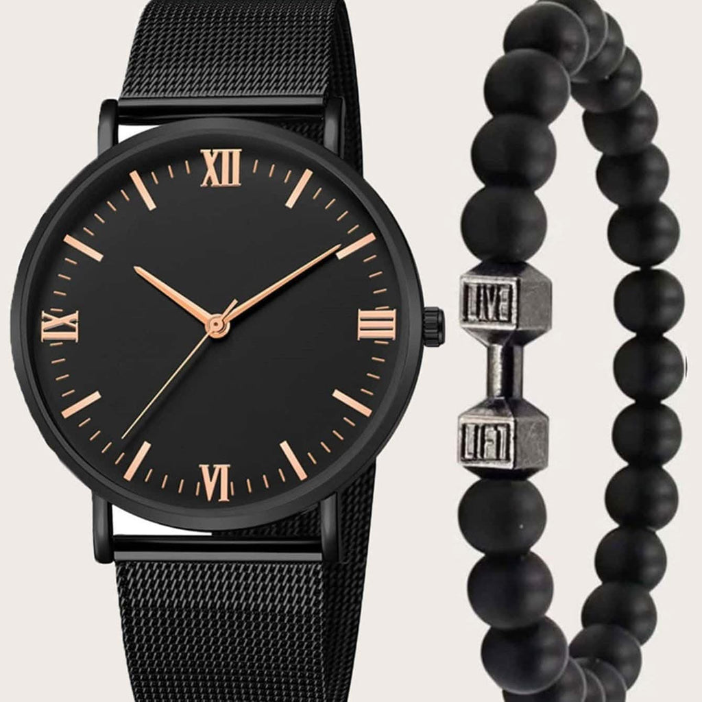 2pcs Men's Casual Roman Scale Mesh Quartz Watch & Dumbbell Bracelet Set