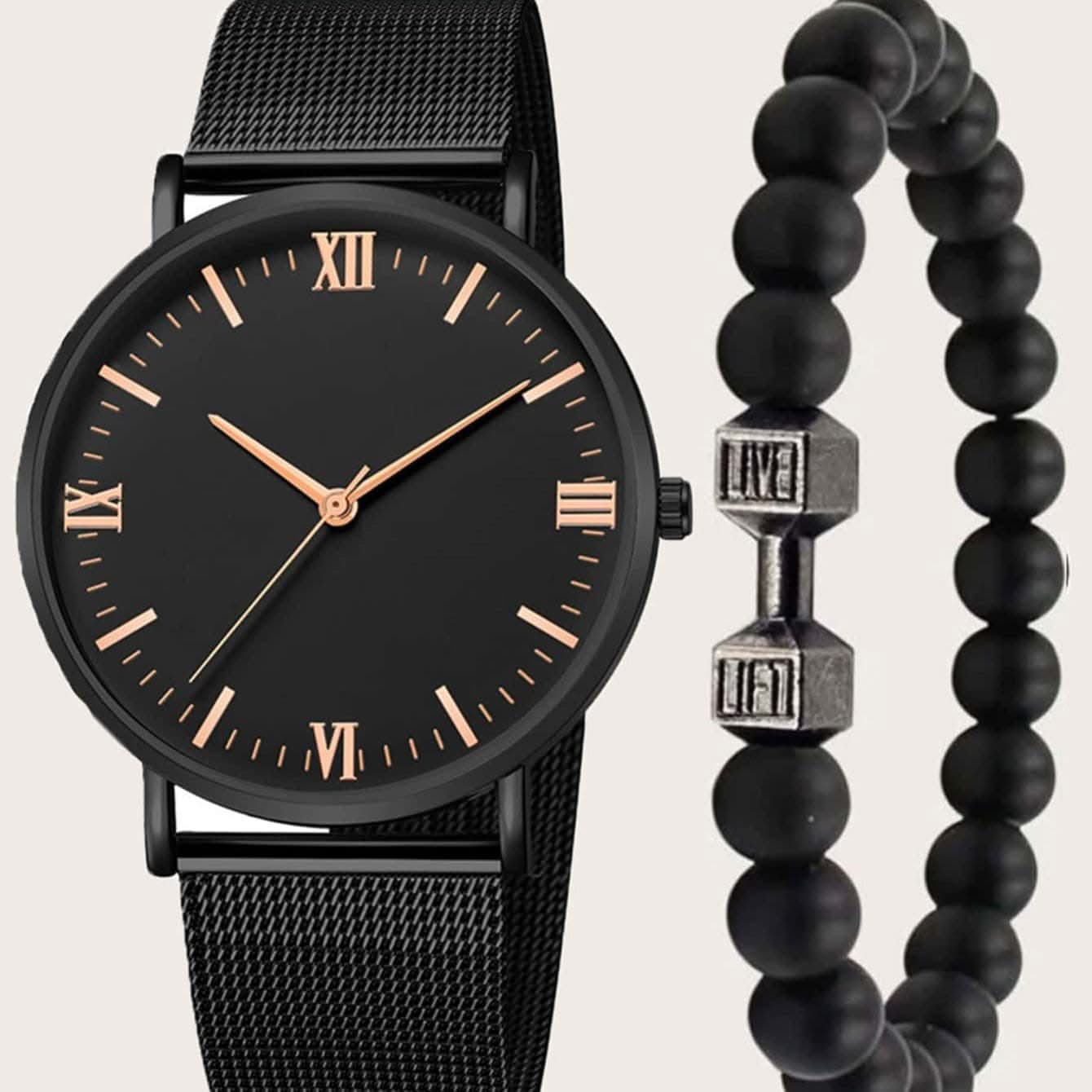 2pcs Men's Casual Roman Scale Mesh Quartz Watch & Dumbbell Bracelet Set