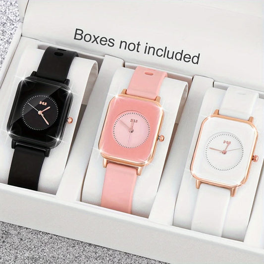 Quartz Digital Watch Set – Casual Square Watches with Silicone Bands (3-pieces)