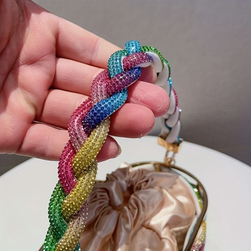 Colorful Rhinestone Drawstring Evening Bag, Chain Purse