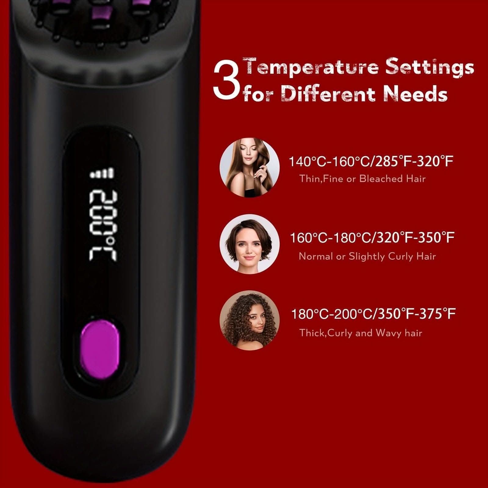 Cordless Hair Straightener Brush -Hot Comb with 3 Temp Settings