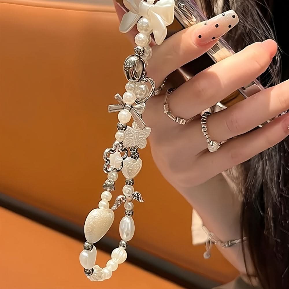 White Bow, Flower, Heart & Butterfly Charms Lanyard & Wrist Strap Set