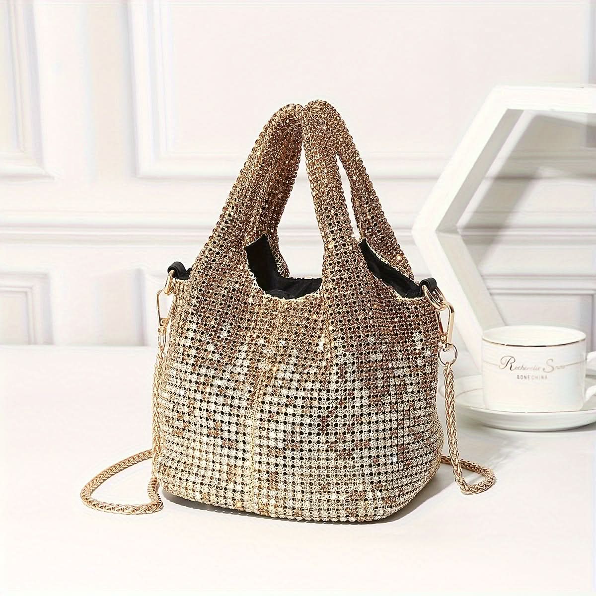 Shiny Rhinestone Bucket Bag with Chain Strap