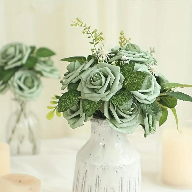 25pcs Forest Green Ombre Artificial Roses - Luxurious & Real-Like
