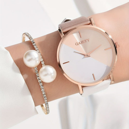 Minimalist Quartz Watch with PU Strap and Matching Bracelet