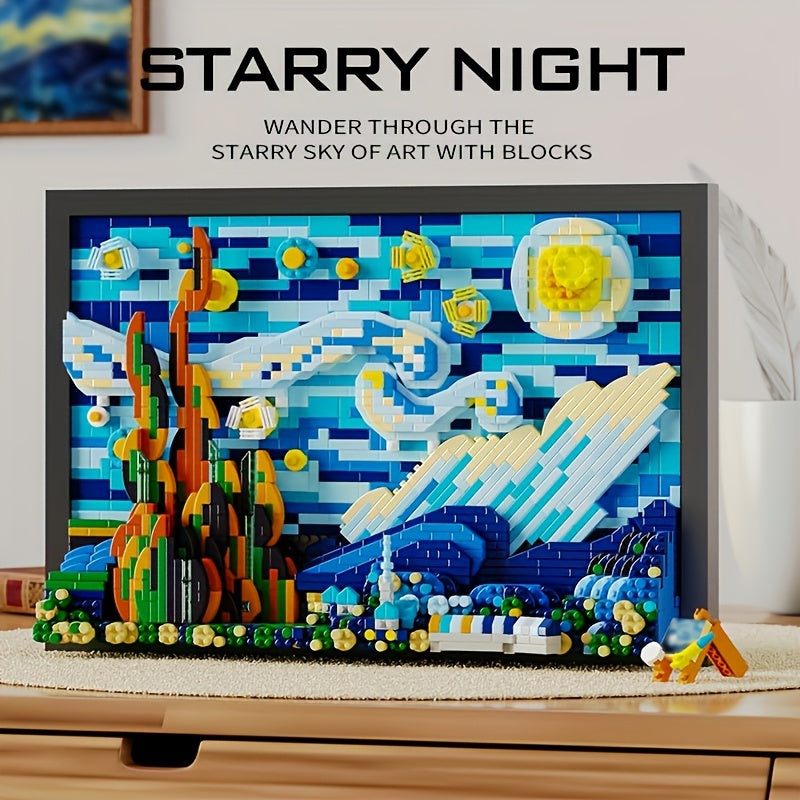 3D Starry Night Building Block Set – DIY Art Puzzle for Adults, ABS Small Bricks