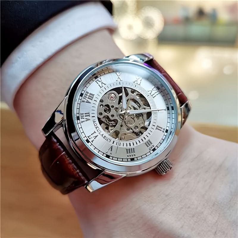 Men's Business Style Automatic Tourbillon Watch – Self-Winding Mechanical, Hollow Dial