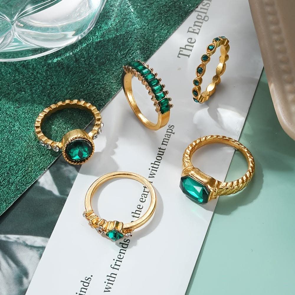 Green Rhinestone Ring Set – 5-Piece Geometric Design