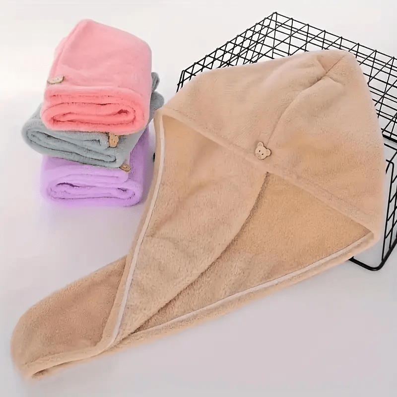 Ultra-Soft Coral Fleece Hair Drying Towel – Quick-Dry, Odor-Free, Cute Bear Button