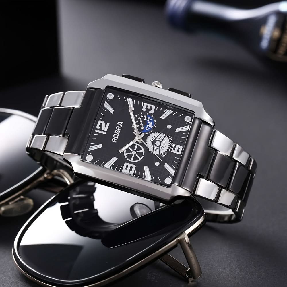 Men's Stainless Steel Quartz Watch - Fashionable Black Rectangular Dial
