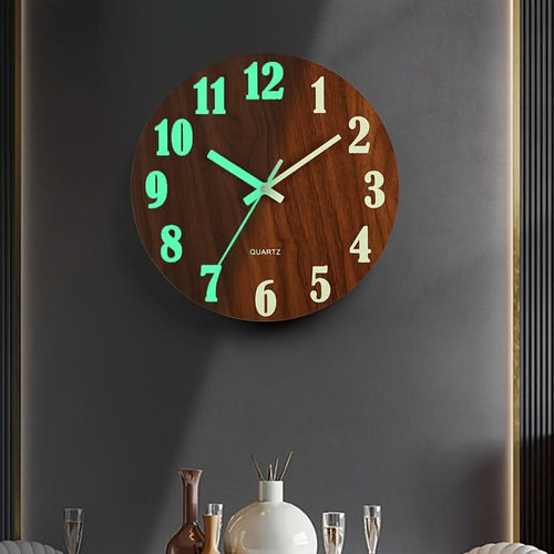 12-Inch Silent Glow-in-the-Dark Wooden Wall Clock