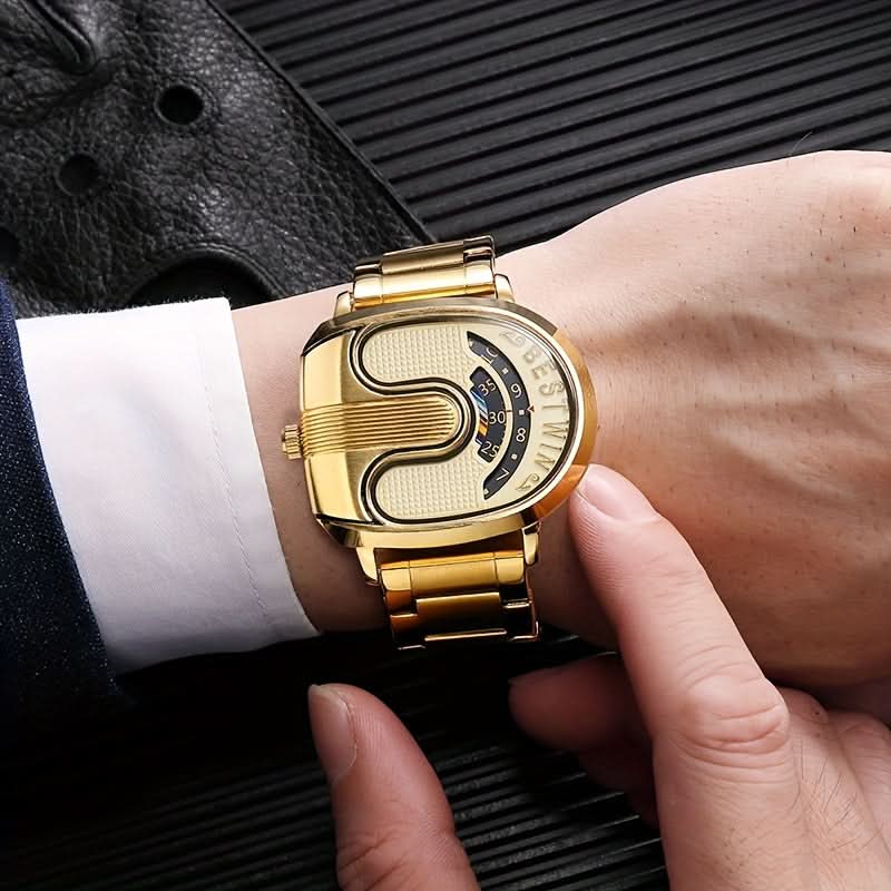 Men’s U-Shaped Digital Quartz Watch – Stainless Steel Band, Date & Stopwatch