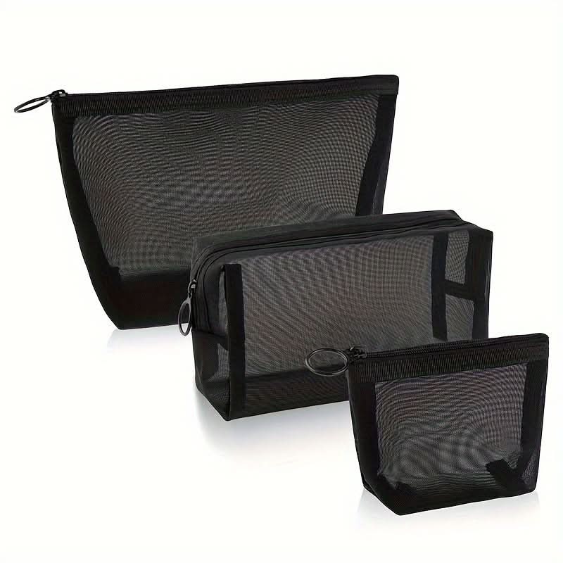 3-Piece Set Nylon Mesh Makeup Bags - Lightweight Travel Organizers