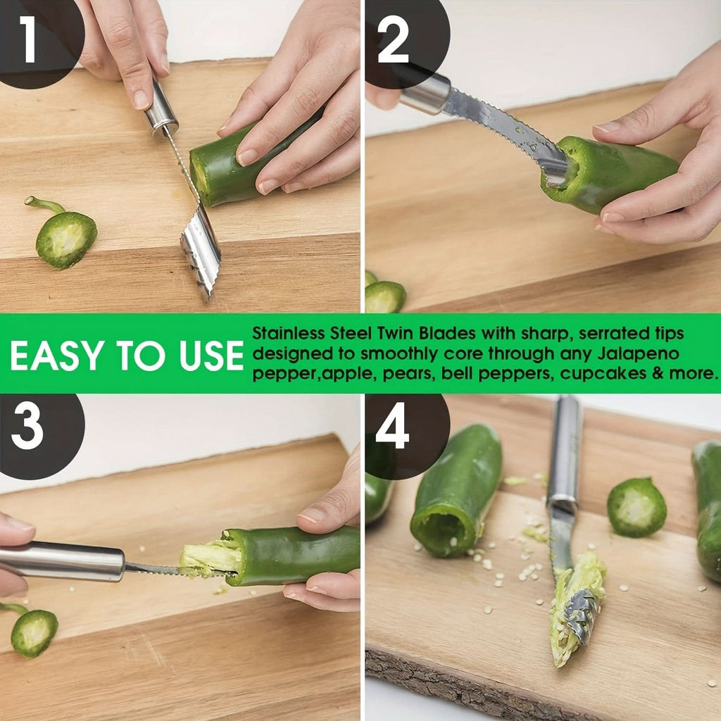 Stainless Steel Pepper Corer & Seed Remover – Dual-Function Serrated Cutter