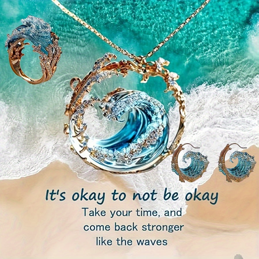 3-Piece Bohemian Ocean Vow Jewelry Set – Blue Wave Necklace, Earrings & Ring for Women