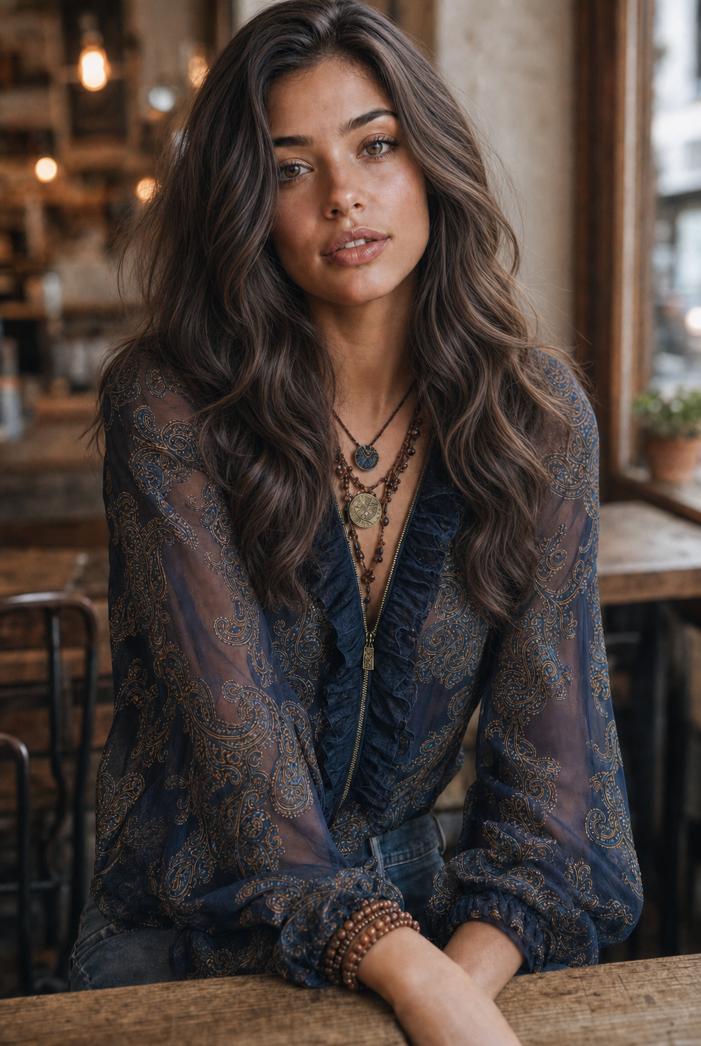 Navy Baroque Paisley Ruffle Zip Chiffon Blouse
