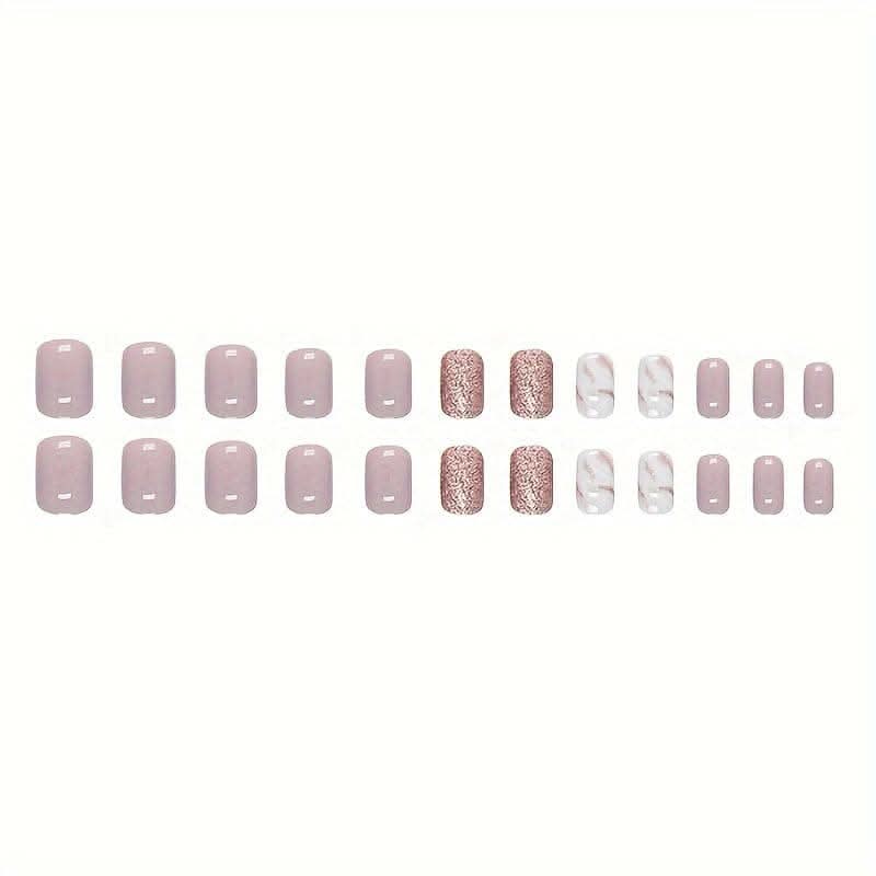 24pcs Short Square Press-On Nails – Gloss Glitter Marble Full Cover
