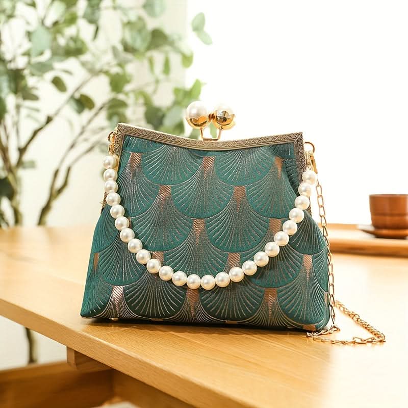 Vintage Embroidered Frame Clutch, Pearl Chain Strap
