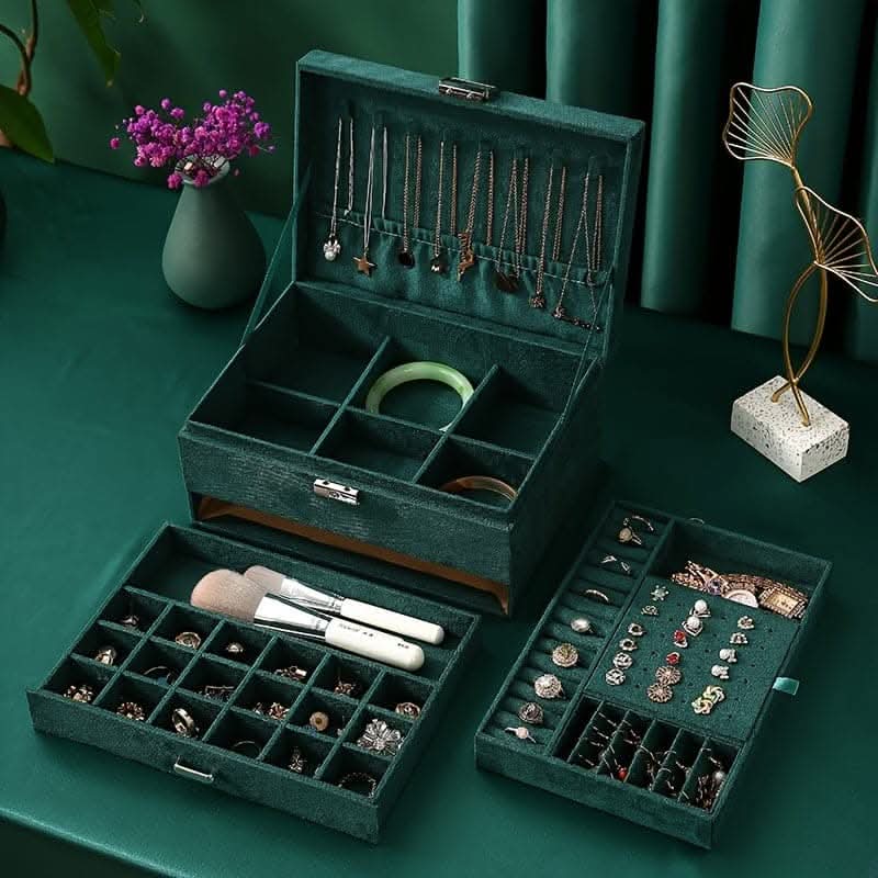 Luxurious 3-Layer Jewelry Box – Flannelette & Lockable