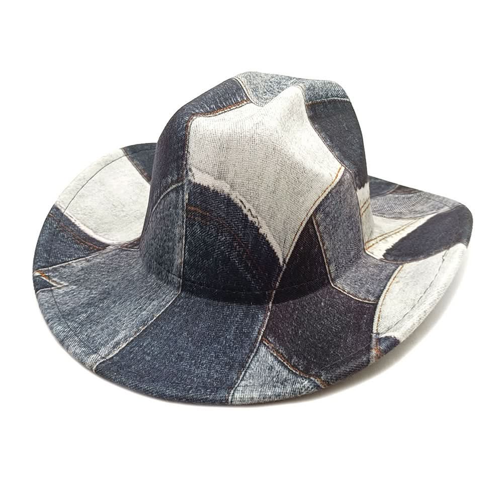 Denim Patchwork Fedora Hat – Unisex Wide Brim Jazz Cap, Lightweight & Washable