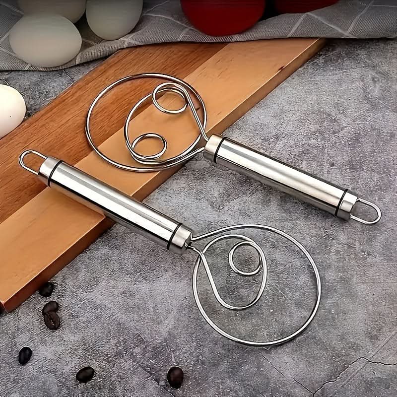 Stainless Steel Dough Mixer with Scraper - Handheld Dual-Hole Whisk