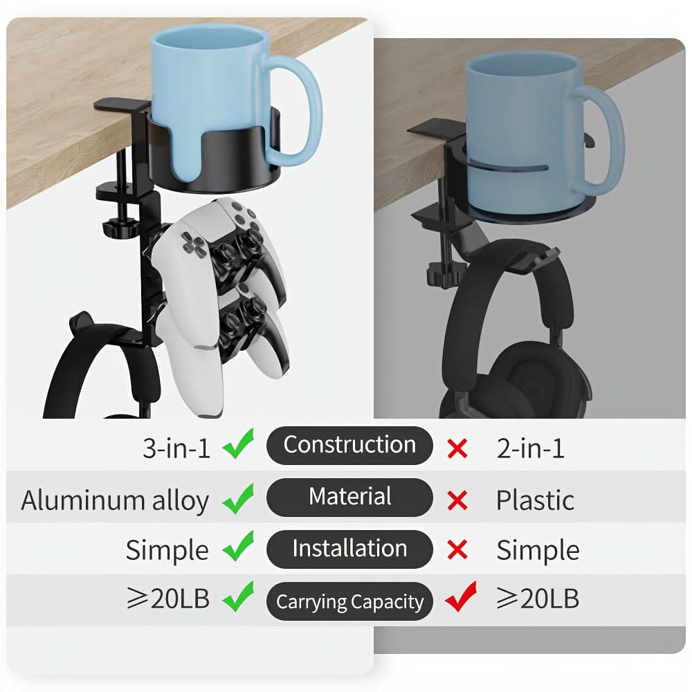 3-in-1 Under Desk Clamp Headphone Stand