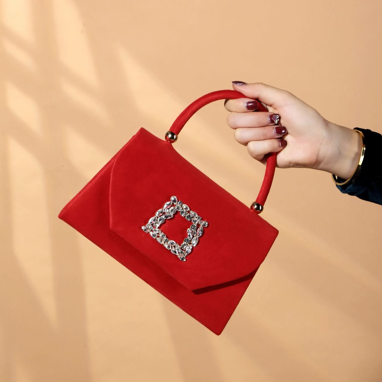 Red Rhinestone Satin Clutch with Chain Strap