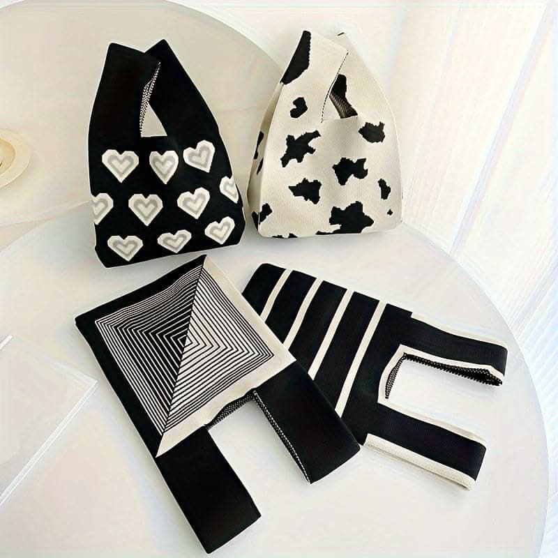 Stylish Black & White Heart Knitted Hobo Bag