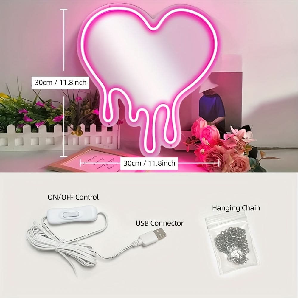 Pink Heart Neon LED Sign - USB Powered, Wall-Mounted Decor for Girls