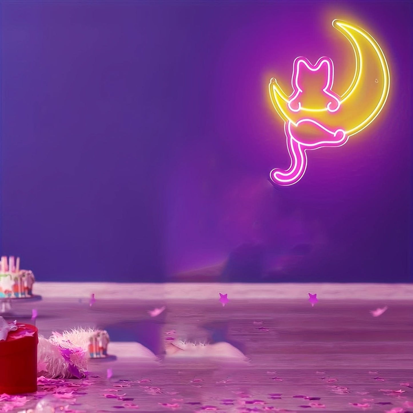 Customizable Cat & Moon Neon Sign - LED Wall Art, USB Powered, Dimmable
