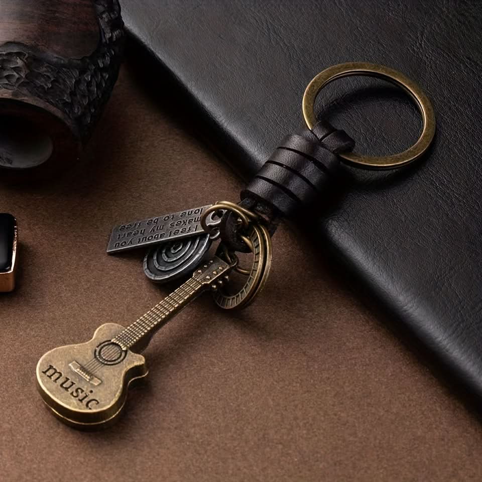 Retro Guitar Leather Keychain - Stylish Braided Cowhide Pendant for Men