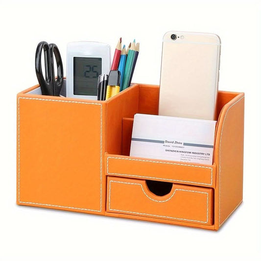 Orange PU Leather Desk Organizer with Drawer, Multi-Functional Pen Holde