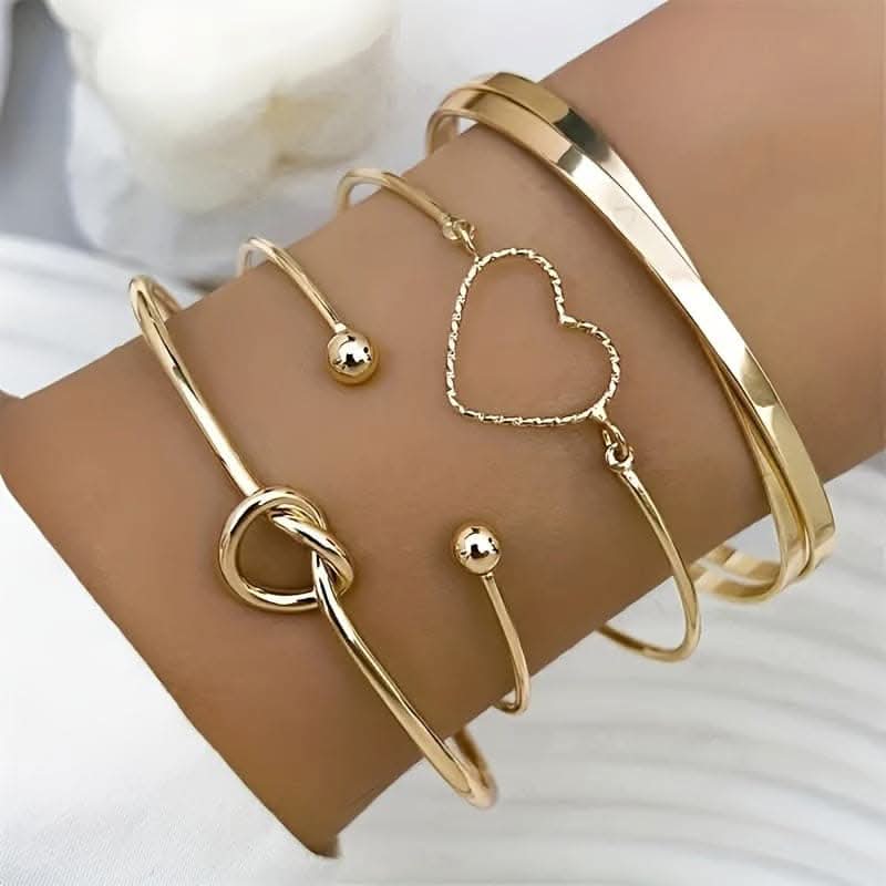 4pcs Golden Knotted Love Cuff Bangle Set – Stackable Alloy Bracelets