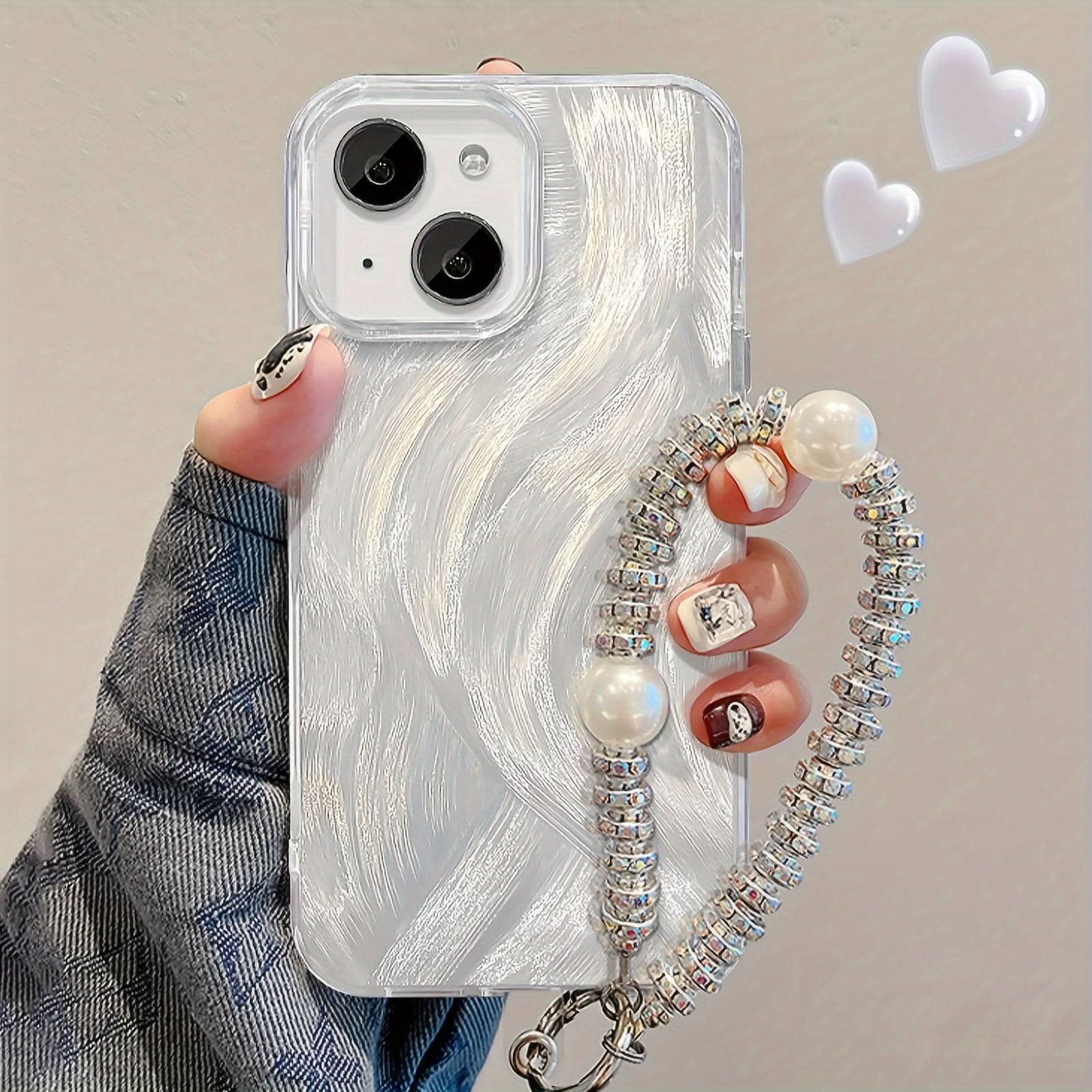 Luxury Pearl Beaded iPhone 16/15 Case with Lanyard