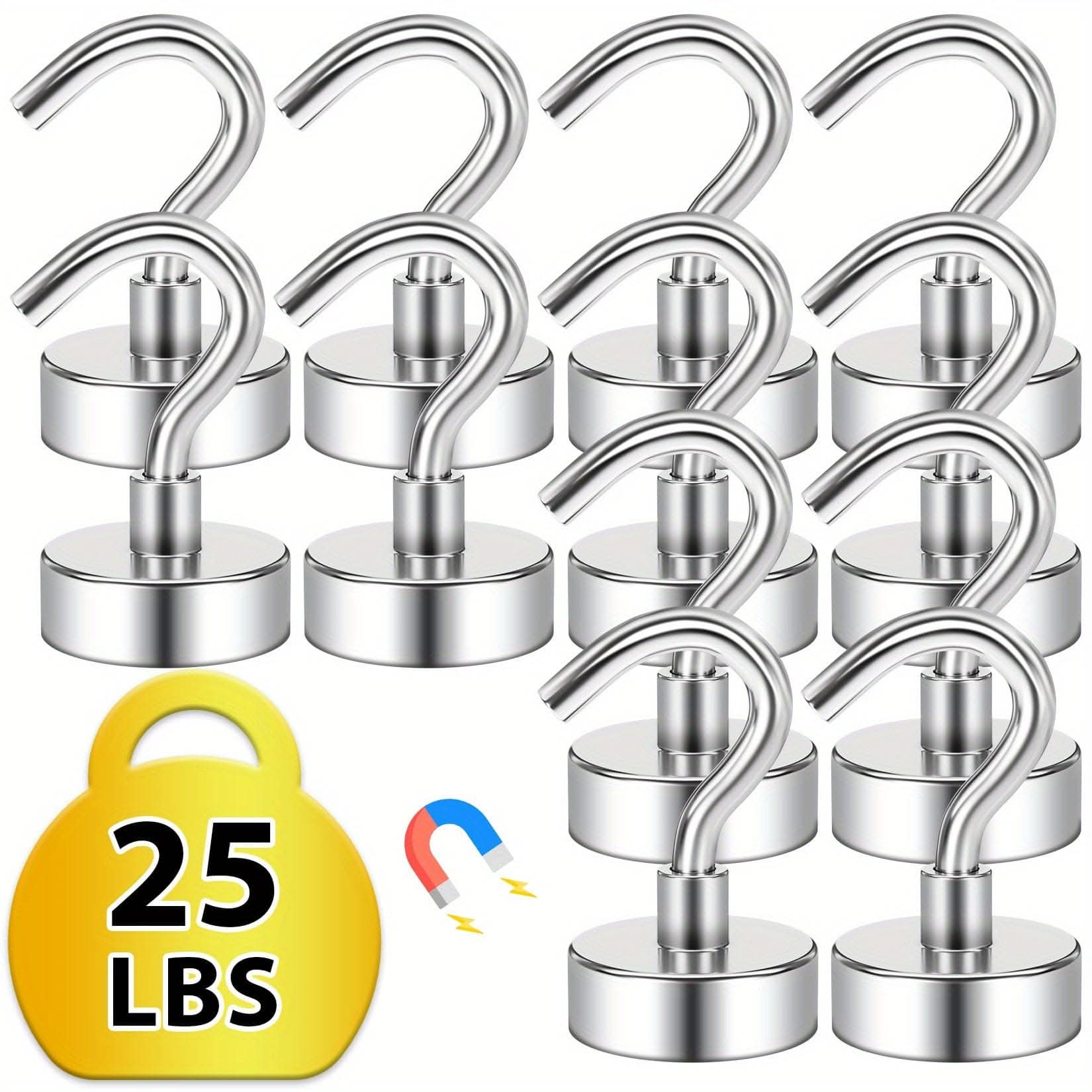 3/6/12pcs Heavy-Duty Neodymium Magnet Hooks - Strong 25lbs Capacity