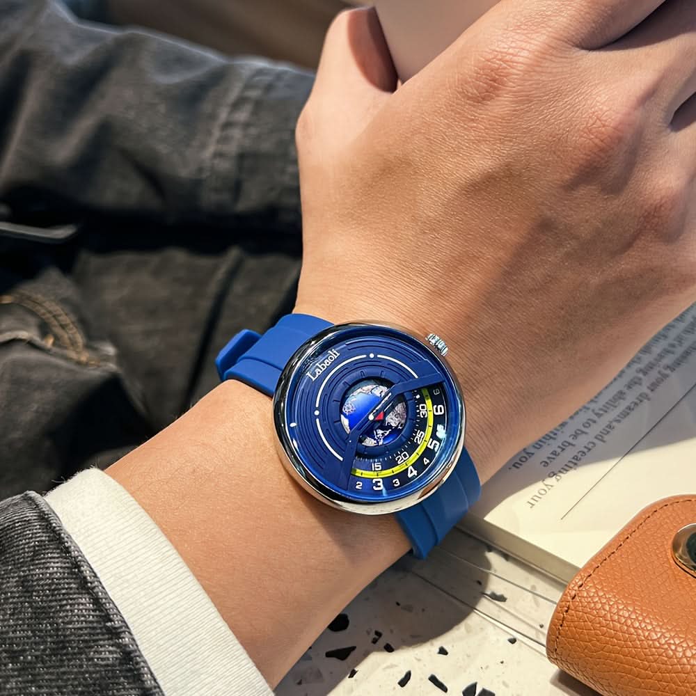 Men’s World-Time Quartz Watch – Hollow Dial, Silicone Strap, Casual Analog Design