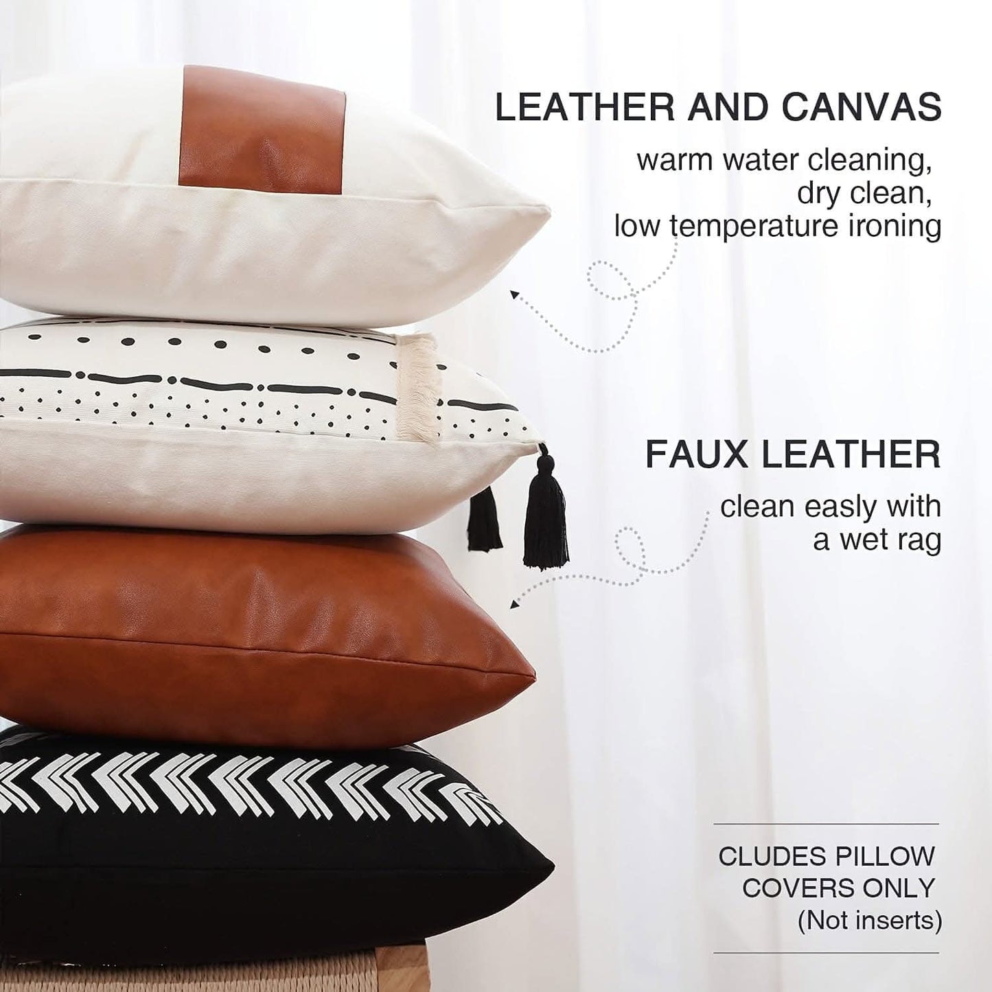 Set of 4 Luxurious Faux Leather Boho Throw Pillow Covers