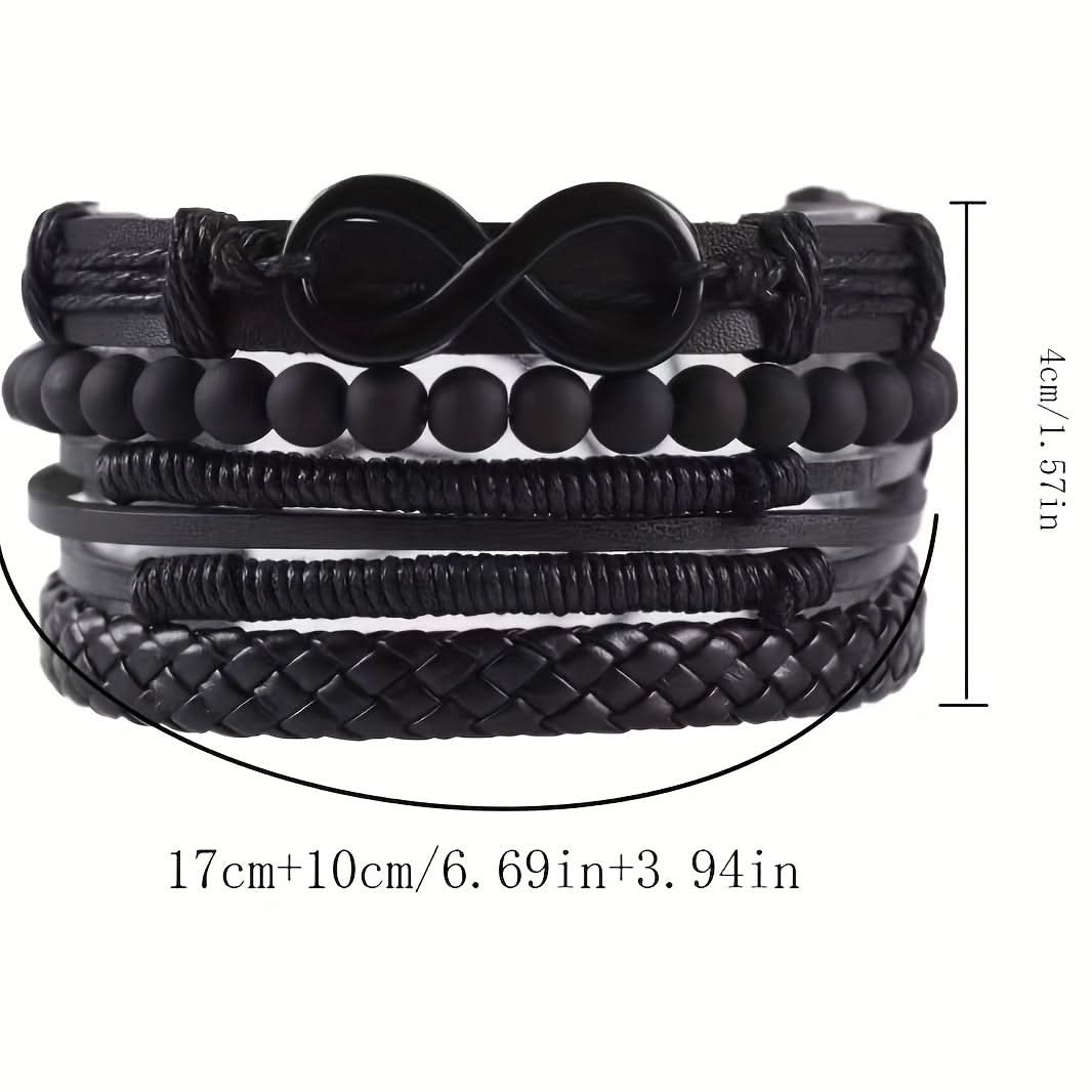 Men's Leather Bracelet Set – 4-Piece Multi-Layer