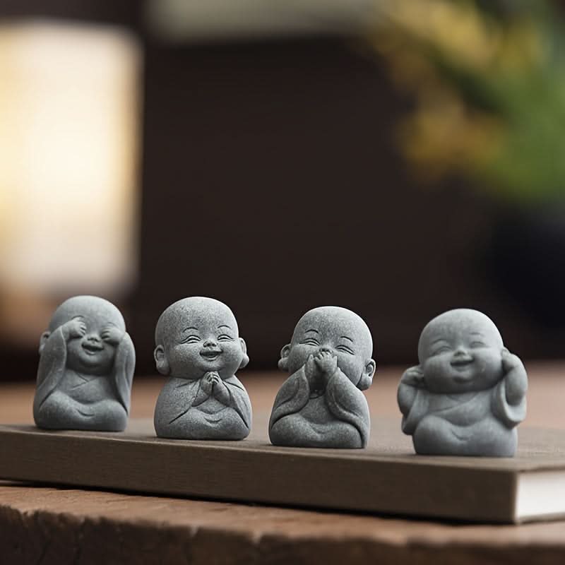 Set of 4 Mini Monk Figurines – Cute Resin Tea Pets & Home Decor