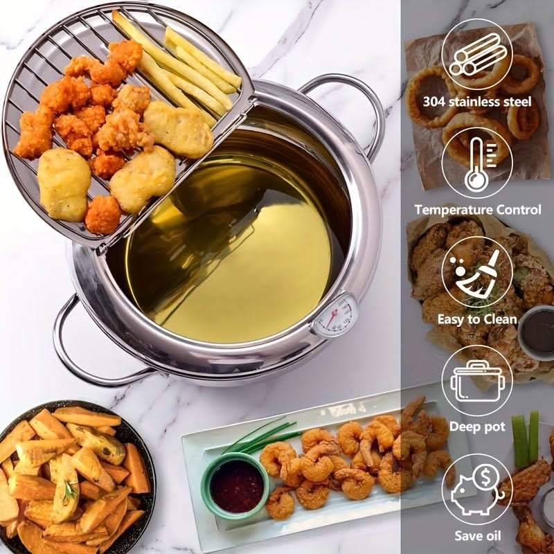 2.2L Stainless Steel Deep Fryer with Lid – Non-Electric, High-Temperature Resistant