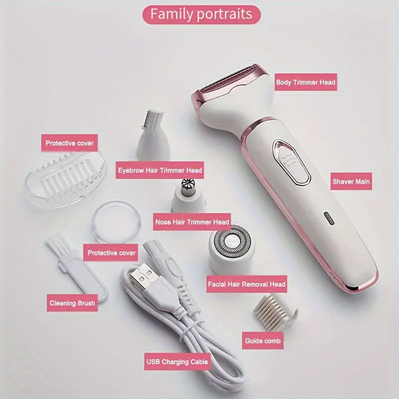 4-in-1 Electric Hair Remover for Women – USB Rechargeable Trimmer Facial, Bikini, Nose & Body Grooming Kit