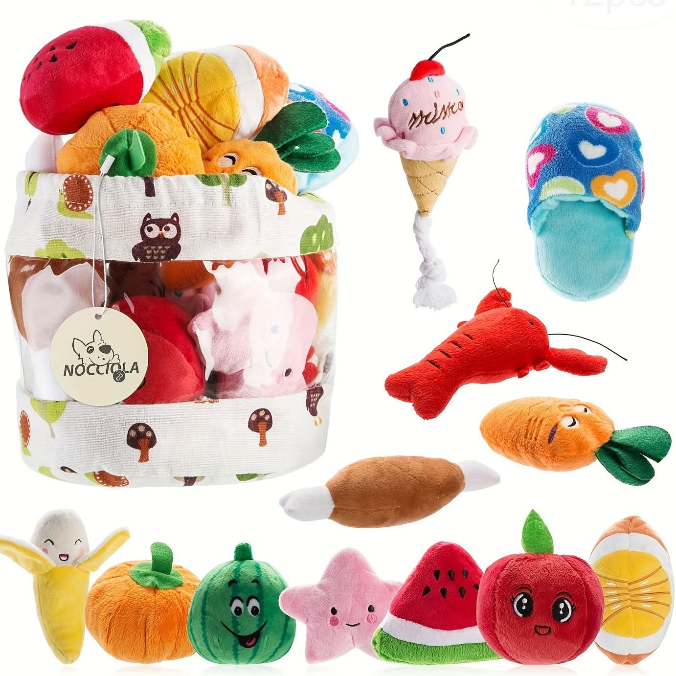 Squeaky Dog Toys – Plush Cotton Blend Fruit-Shaped Puppy Toys, 12 Pcs Set