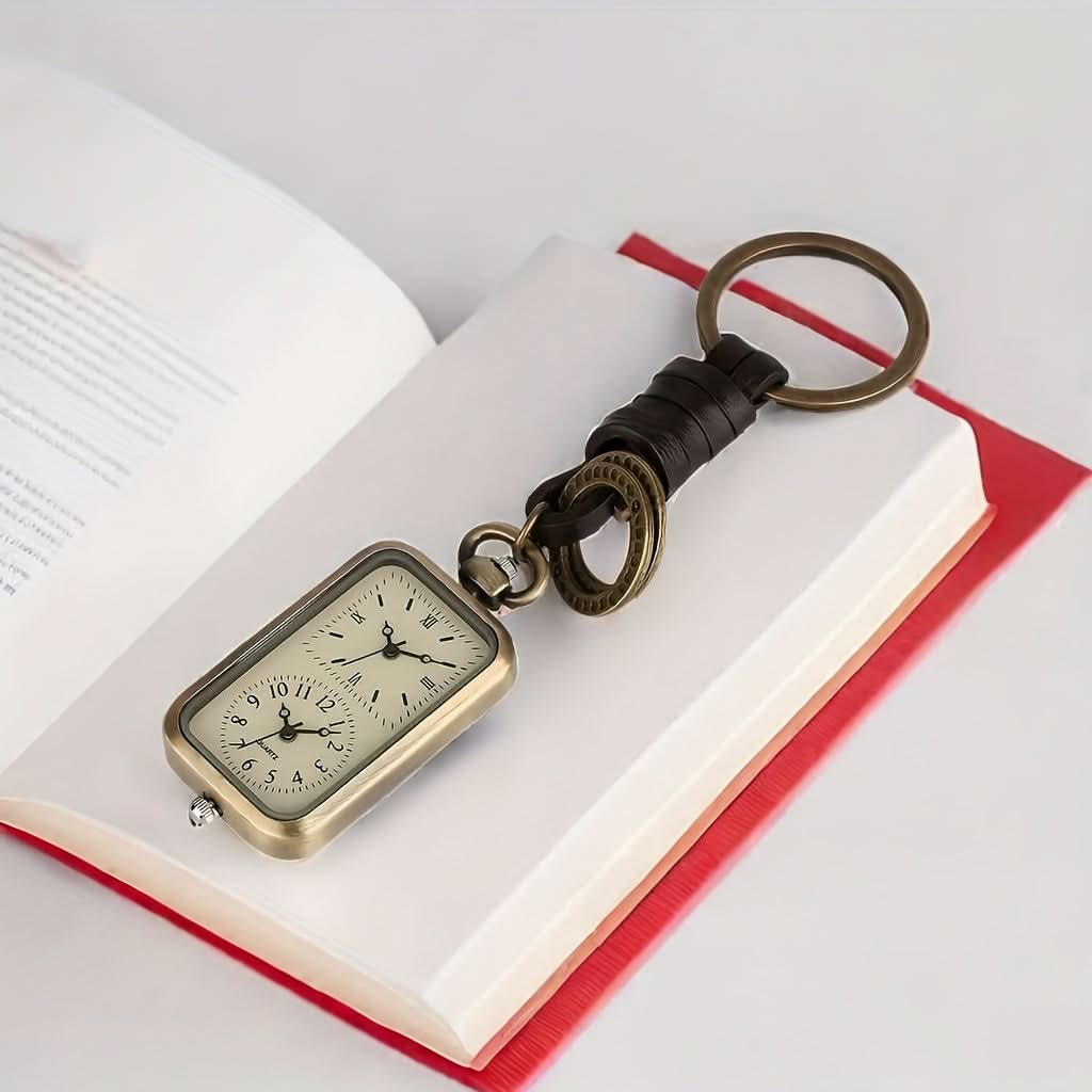 Vintage Dual Time Zone Quartz Pocket Watch Keychain – Rectangle Dial