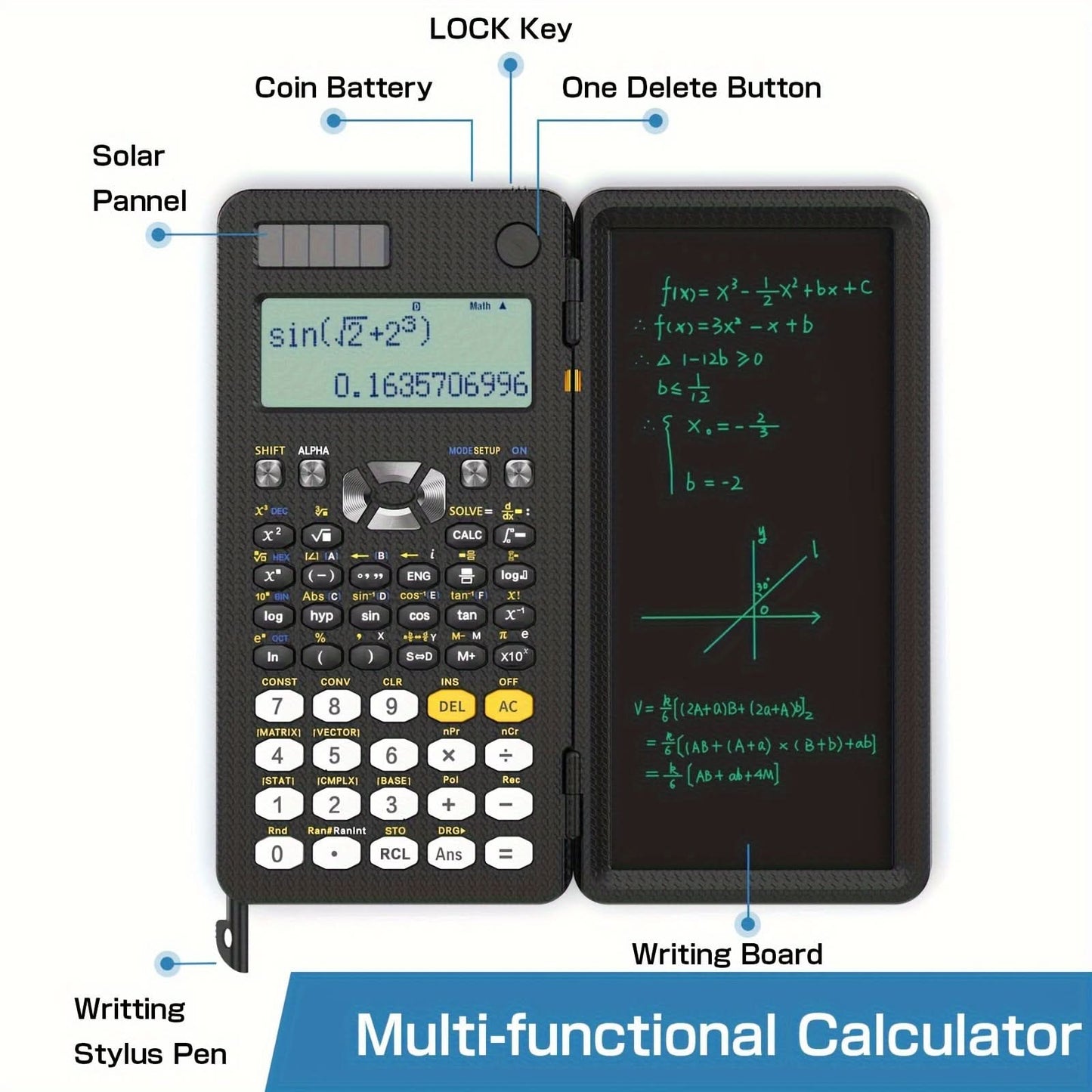 4-Line Solar-Powered Scientific Calculator with Notepad