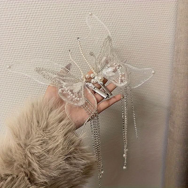 Butterfly Pearl Tassel Bridal Hair Clips
